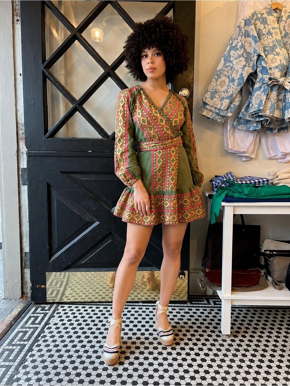 LACE The Label Wrap Mini Dress Army Gold Jacquard Greece Size 8 $390
